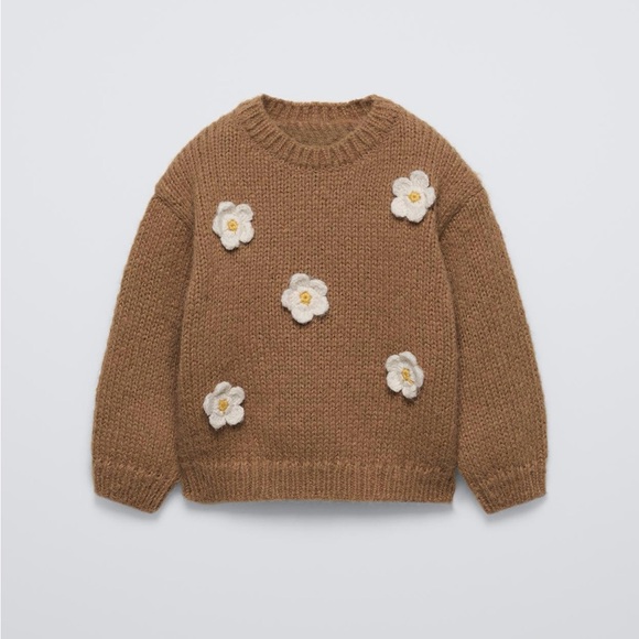 Zara Other - Zara Tan Sweater with White Floral Accents